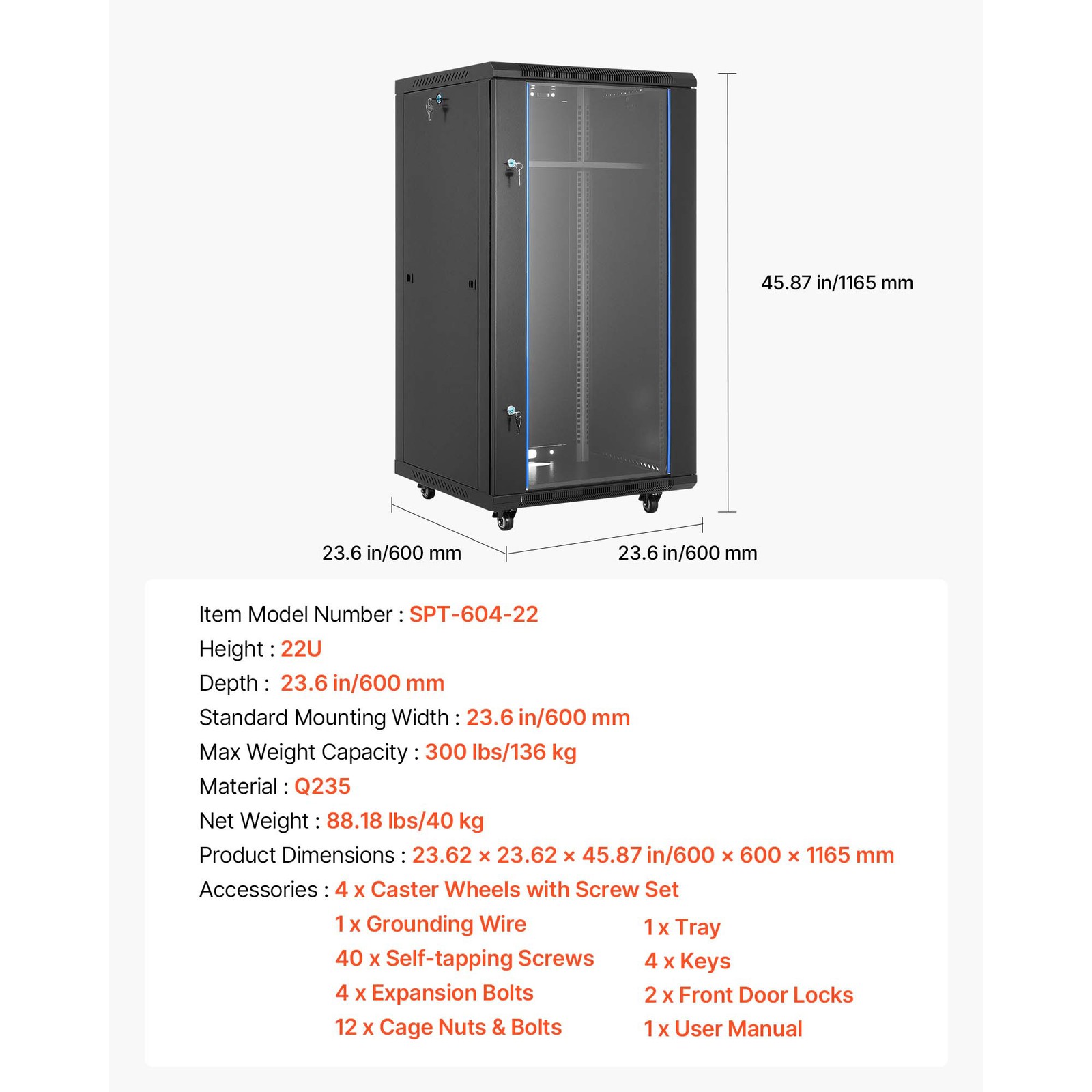 22U Wall Mount Network Server Rack Cabinet Enclosure 23.6” Deep Door Lock