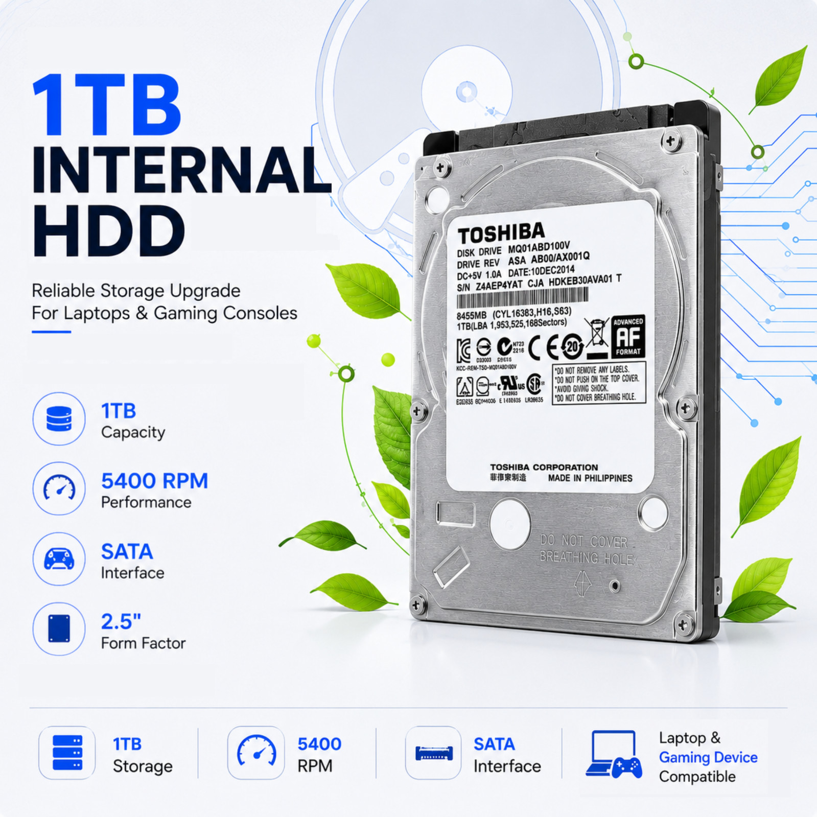 Toshiba 1TB 2.5″ SATA Internal Hard Drive MQ01ABD100V 5400RPM Laptop