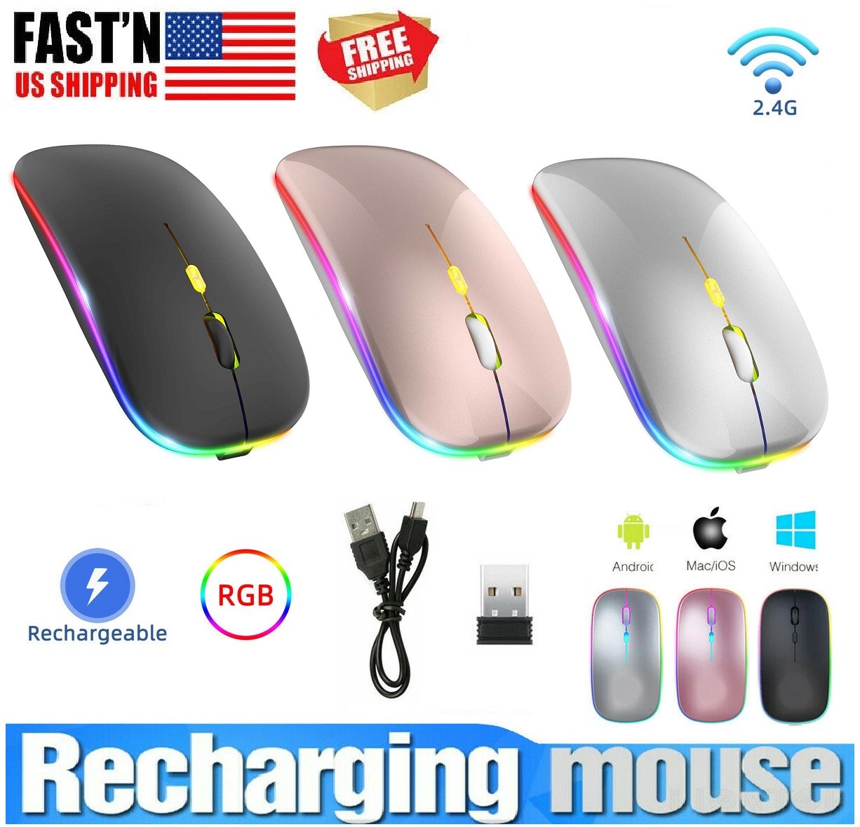 Rechargeable Slim Wireless Bluetooth 5.1 Mouse Dual Mode LED Mice iPad Laptop PC