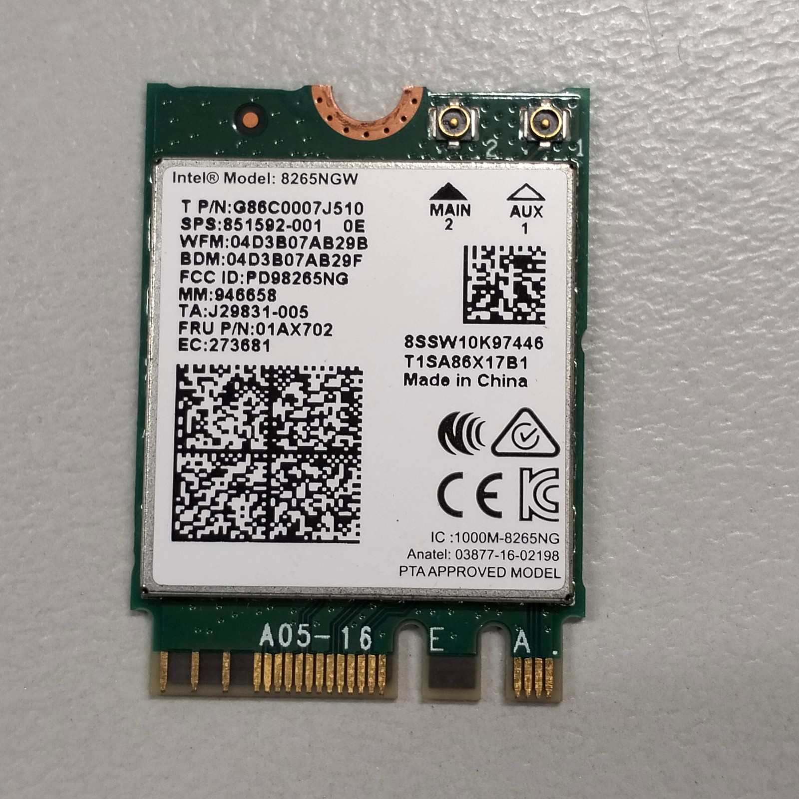 Intel Dual Band Wireless-AC 8265 802.11ac M.2 WiFi Card + BT 4.2 8265NGW 01AX702