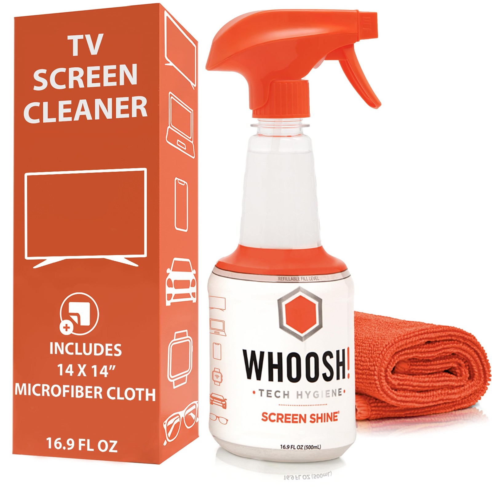 WHOOSH! Pro 16.9 fl oz Refillable TV Screen Cleaner & Microfiber Cloth – Streak-