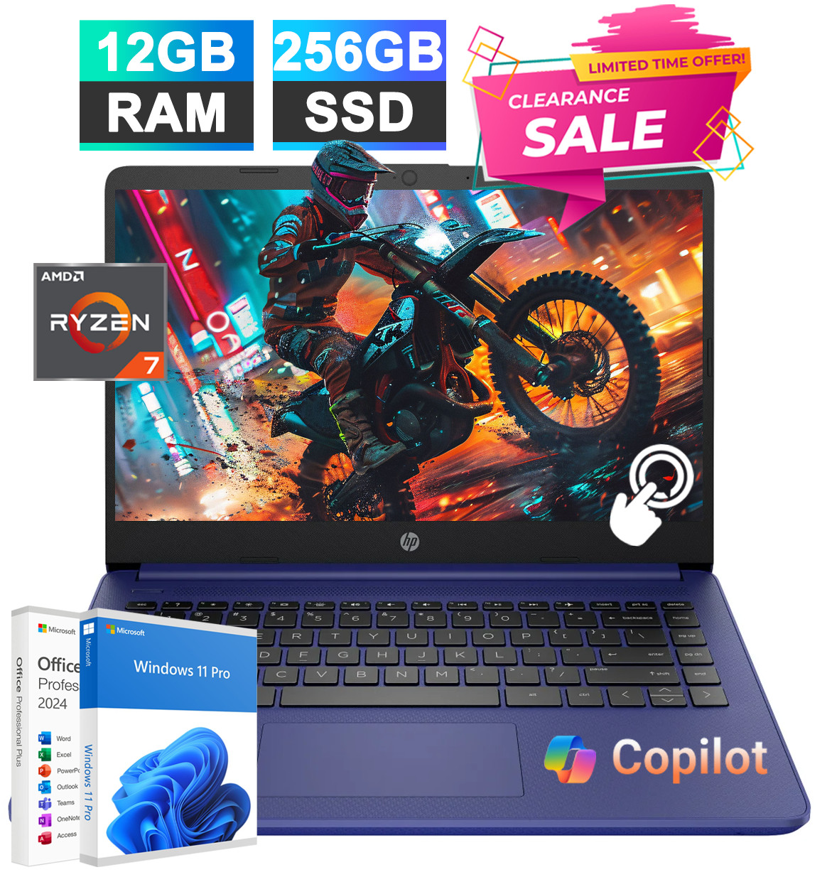 HP Laptop Computer 14″, 8-Core Ryzen 7, 12GB RAM 256GB SSD, Win 11 Pro MS Office