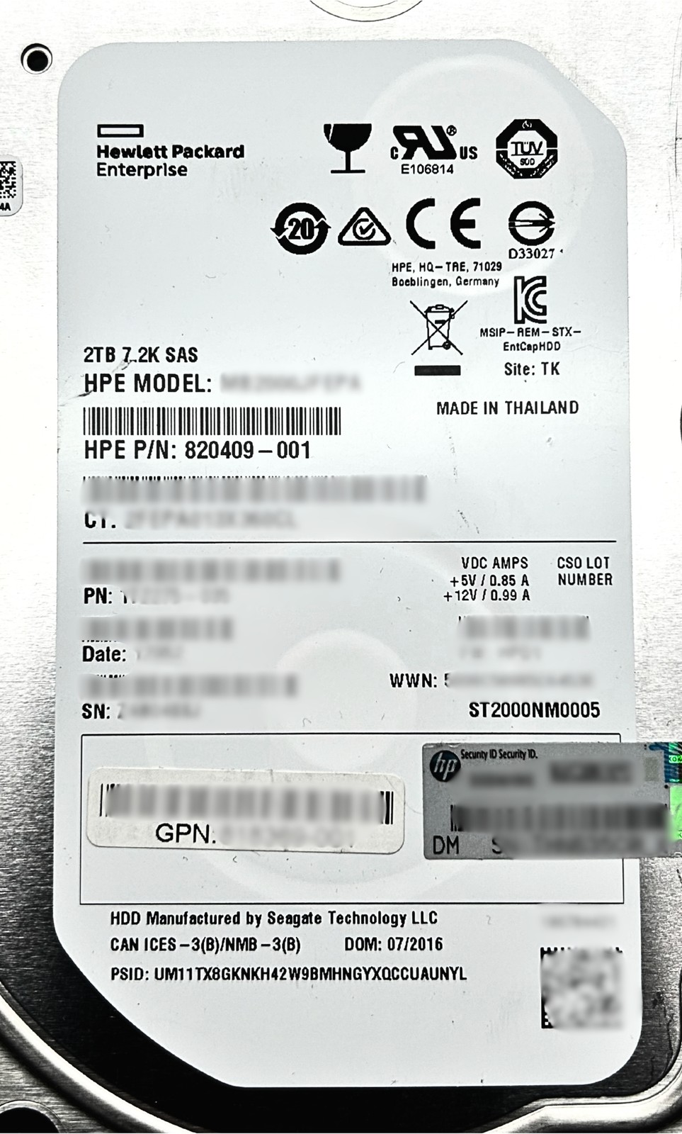 HP 820409-001 2TB 12G SAS 7.2K 3.5in MDL HDD Hard Drive