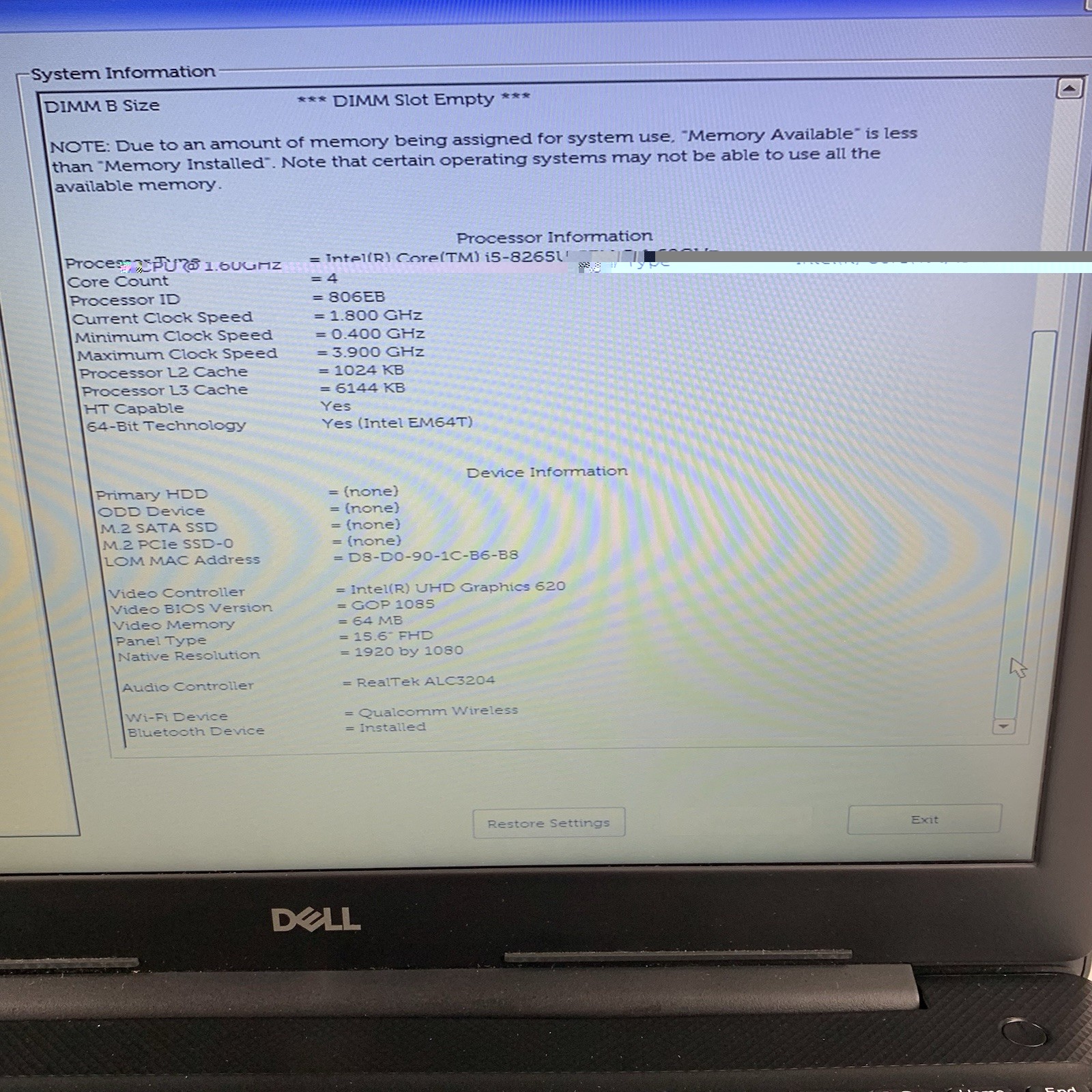 Dell Vostro 3583 15.6″ Laptop I5-8265U 1.60 GHz 8 GB RAM No OS/HDD/AC
