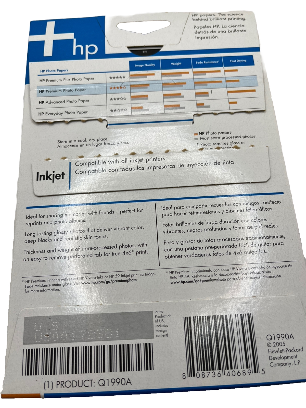HP Premium Photo Paper Glossy Inkjet 4 x 6″ 10 mil Sheets Q1990A Open Box