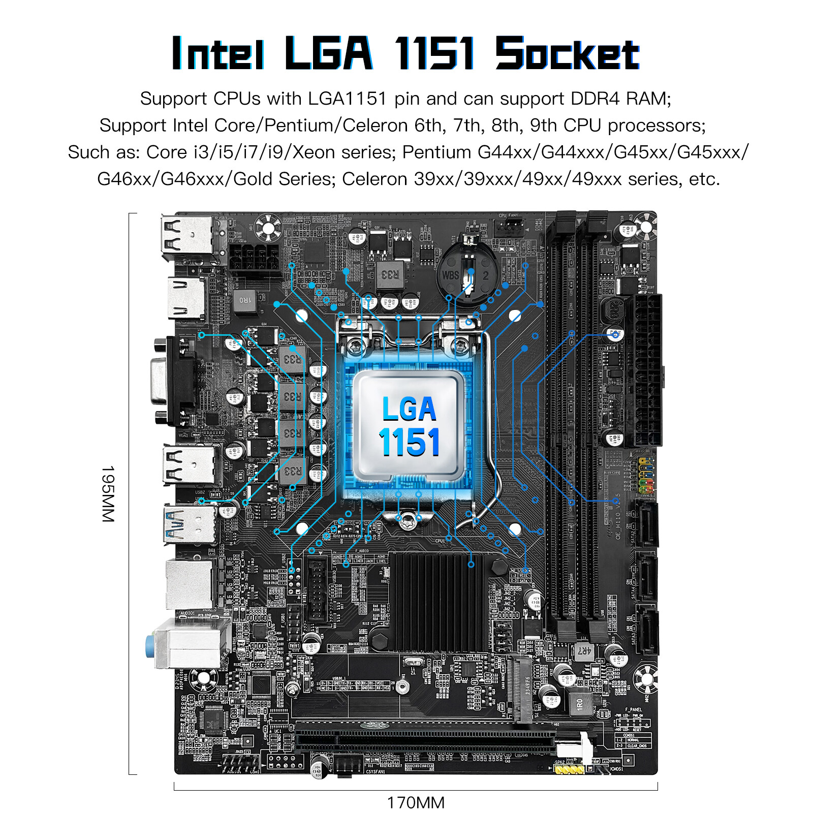 JUXIESHI LGA 1151 Motherboard H110 for Intel 9th 8th 7th 6th CPU, PCI-E 3.0 DDR4
