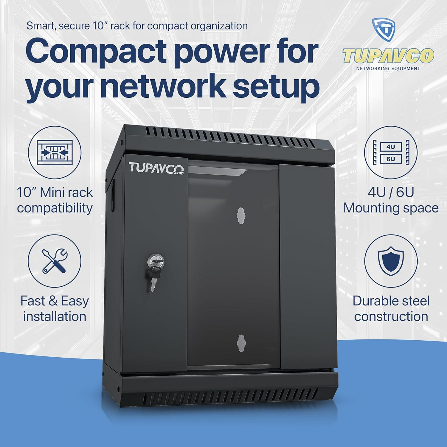 10 Inch Mini Network Rack Cabinet – 6U Vented W/Glass Door – 9 in Depth – Server