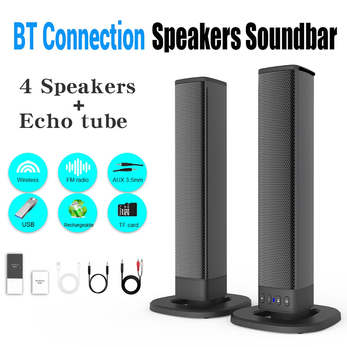 Bluetooth 5.0 Home TV Sound Bar Speaker System Wireless Subwoofer 3D Surround US
