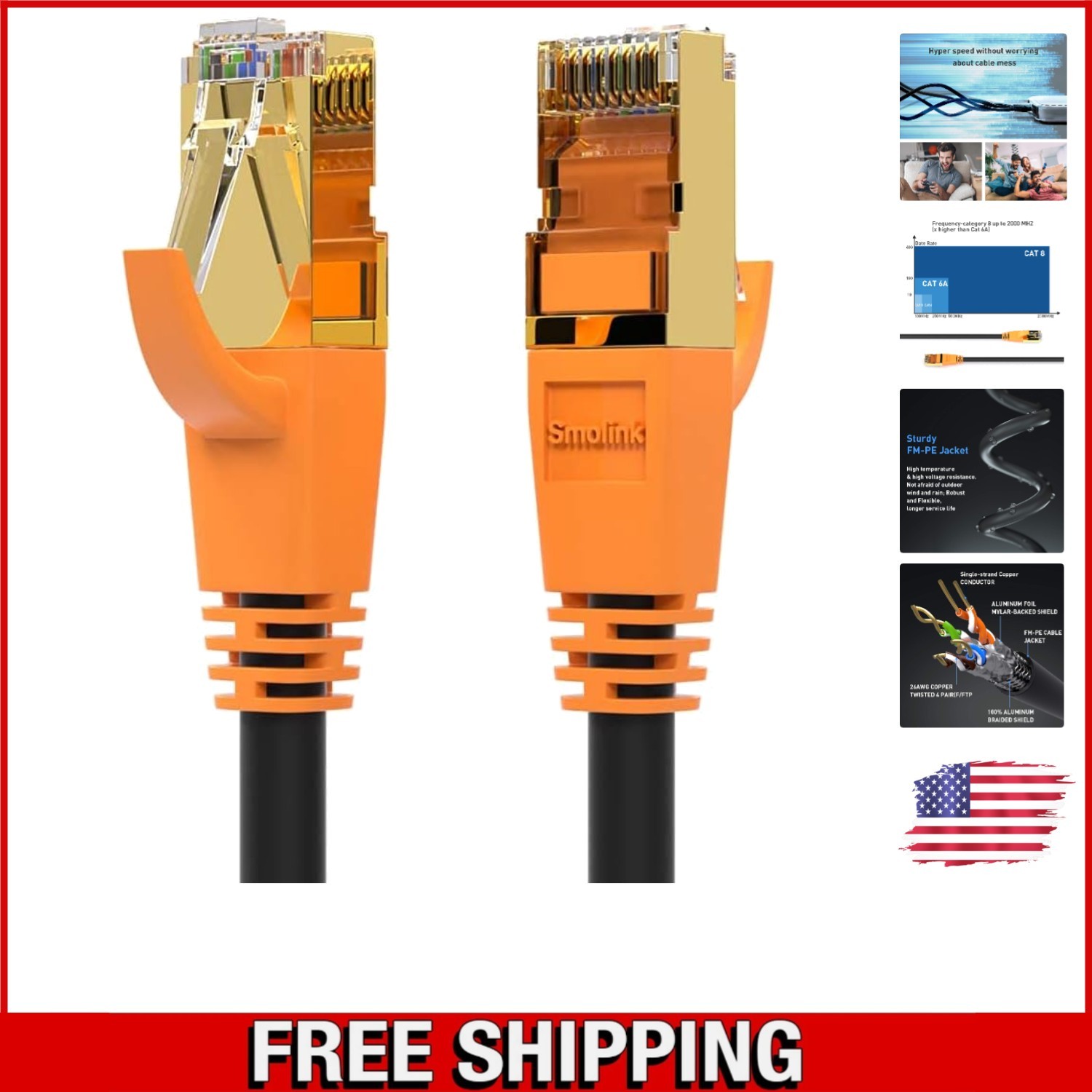 Durable Weather-Resistant Cat 8 Ethernet Cable, 1.5Ft for Indoor & Outdoor Use