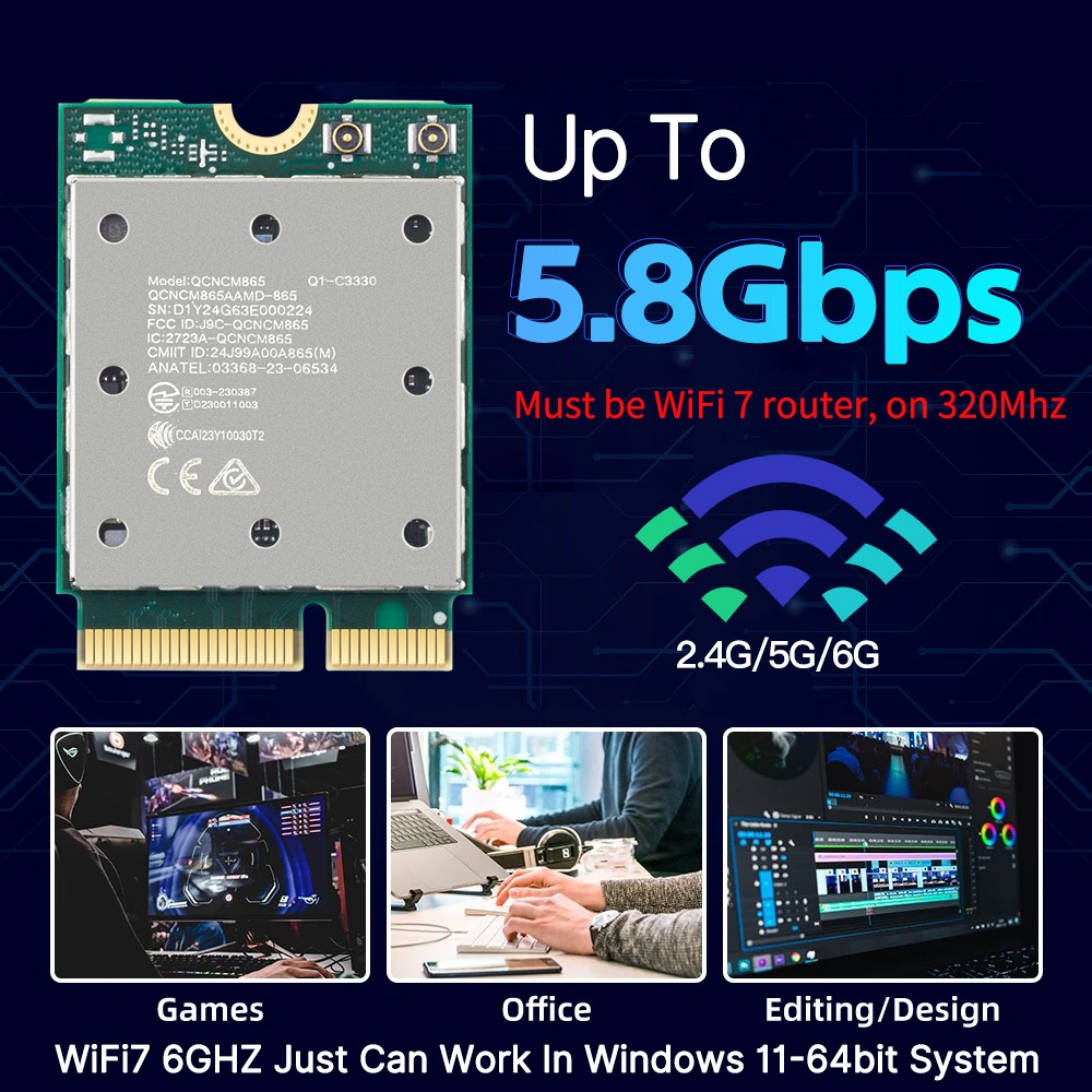WiFi7 QCNCM865 M.2 Wireless Card Tri-Band 5.8Gbps BT5.3 802.11ax Network Adapter