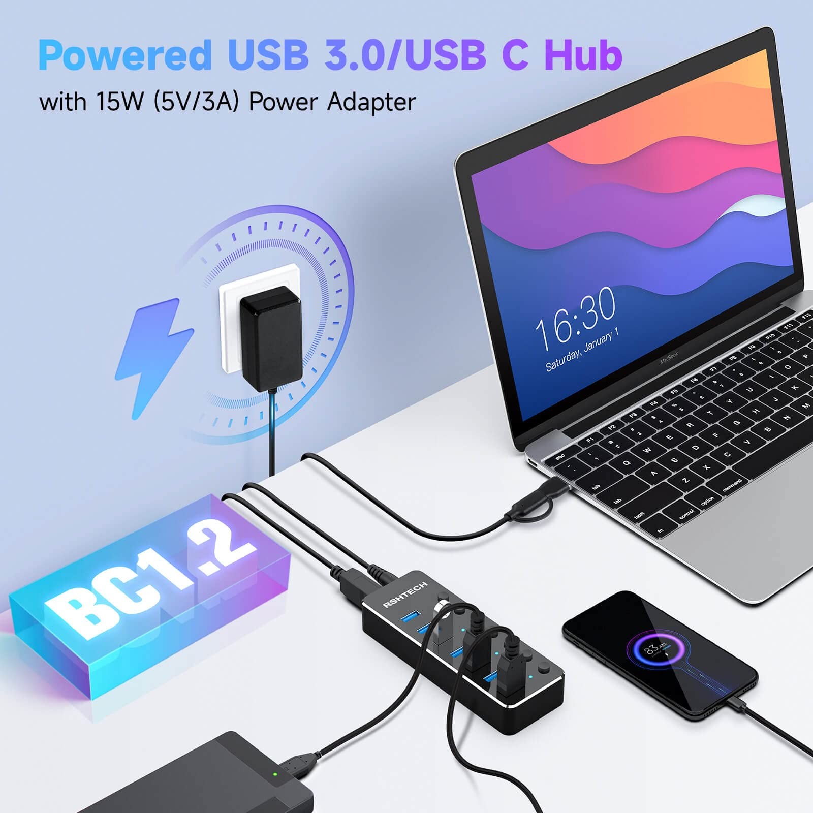 Powered 7 Port USB 3.0/USB C Hub Aluminum Splitter 2In1 Cable 5V 3A Adapter
