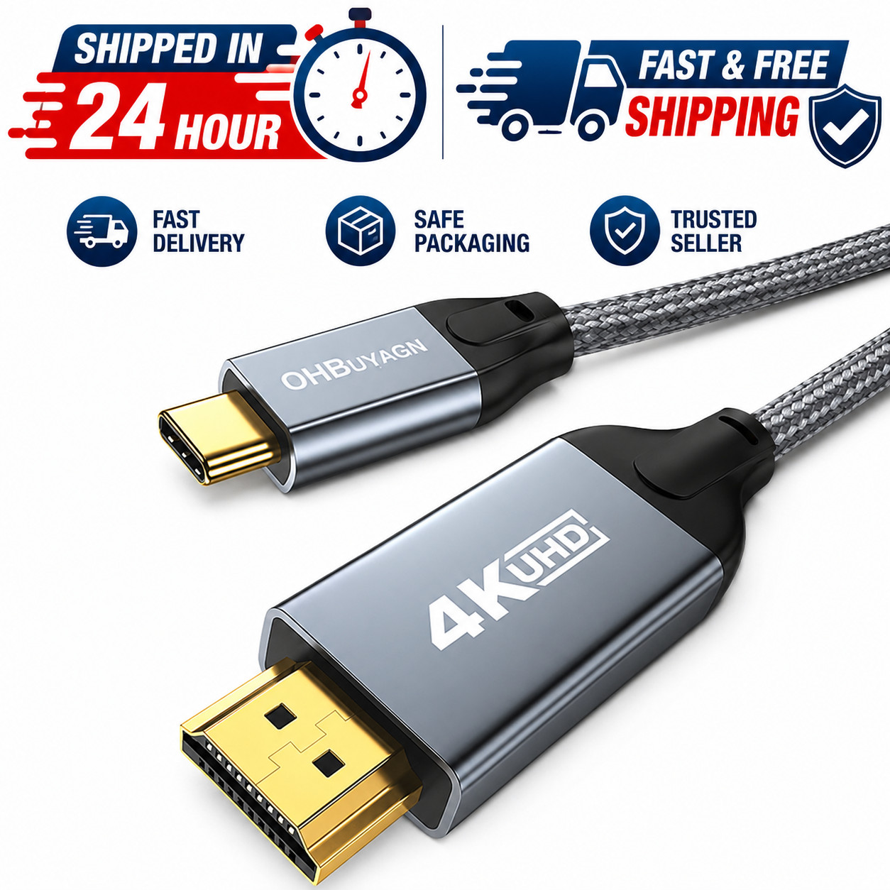 USB C to HDMI Cable 10 ft, 4K 60Hz USB Type C to HDMI 2.0 Braided Cord