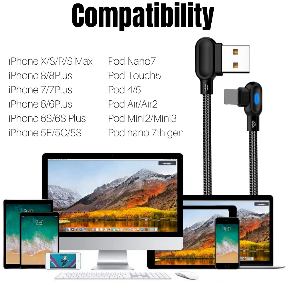 5 PACK 90 Degree Fast Charger Cable Right Angle For iPhone 14 13 12 11 XR 8 7 6