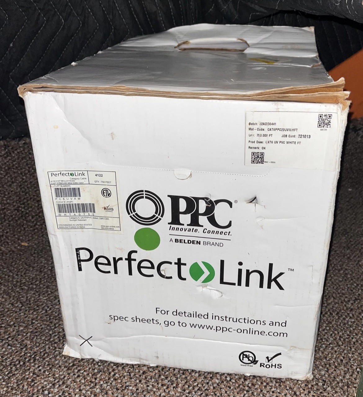 CAT6 PPC Belden Perfect Link Category 6 Cable – White, 750 ft (PC6UVXM WHTA0750)