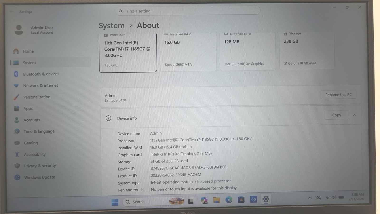 Dell Latitude 5420 14″ Core I7-1185G7 3.00GHz 16GB 256GB SSD Laptop