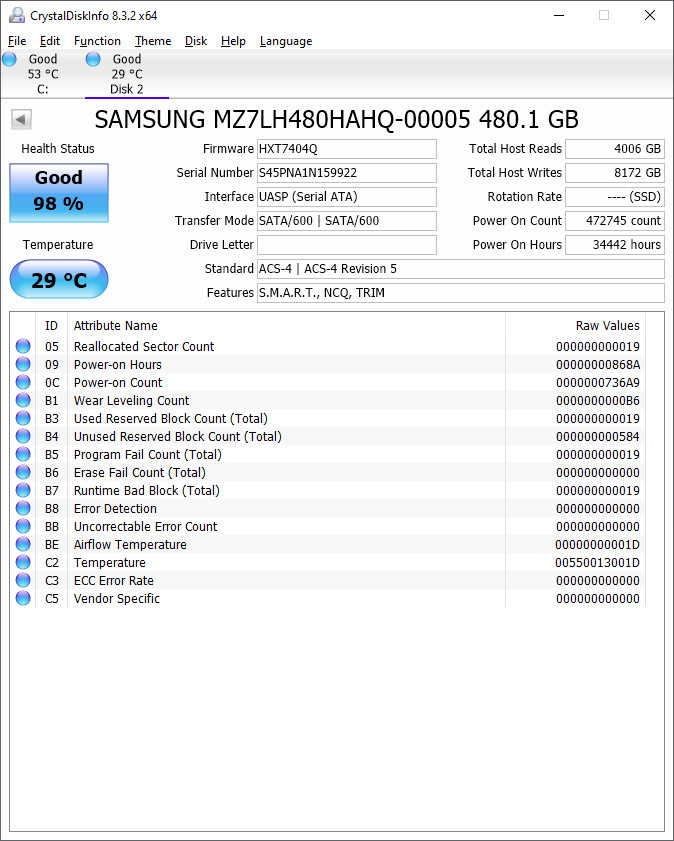 Samsung PM883 SATA 480GB 2.5″ SSD MZ-7LH4800 – 98% Health – Low Writes
