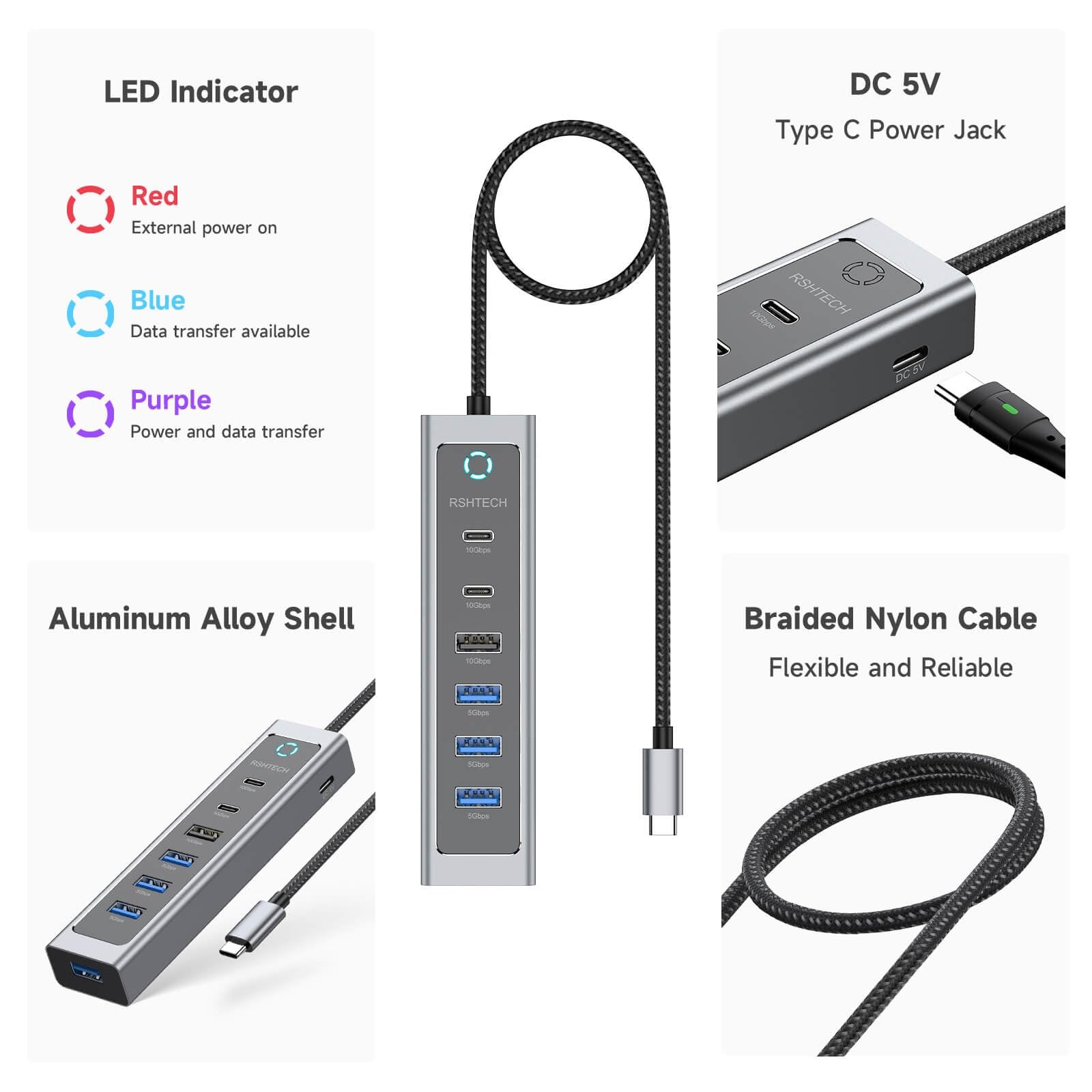 7-Port USB Hub Splitter 10Gbps with 3 USB-3.2 (2C + 1A), 4 USB-3.0 Ports and …