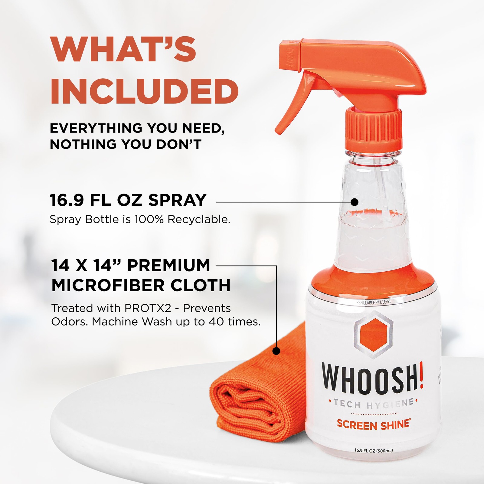 WHOOSH! Pro 16.9 fl oz Refillable TV Screen Cleaner & Microfiber Cloth – Streak-