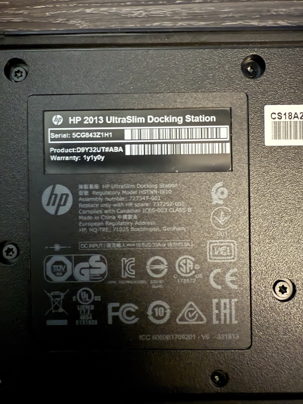 HP Ultraslim Dock 2013 US Docking Station 65w AC Adapter D9y32ut D9y32aa#aba
