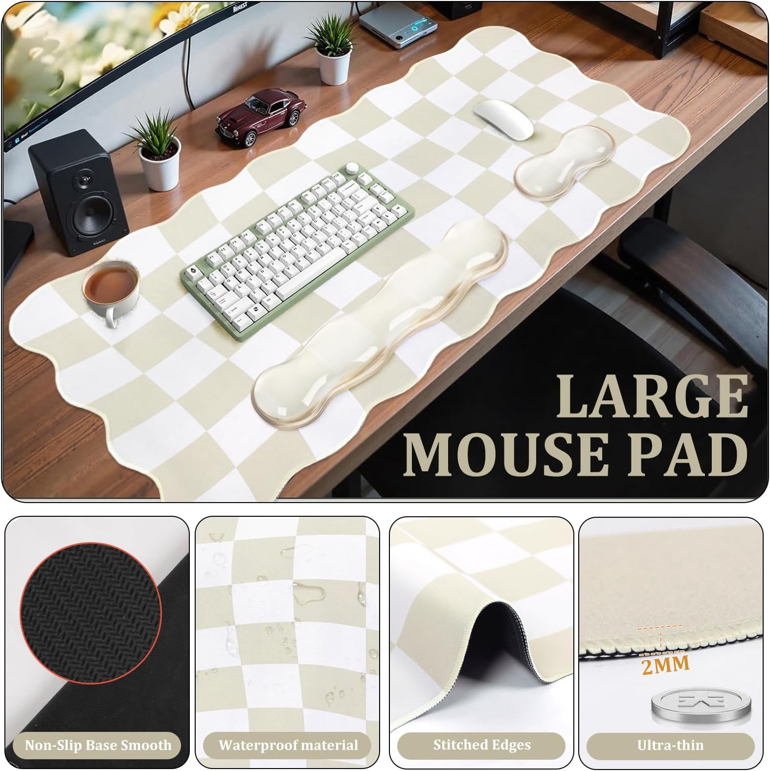 L-SPOUTTO Beige Checkered Mouse Pad Set,Scalloped XXL Desk Mat + Ergonomic Mo…