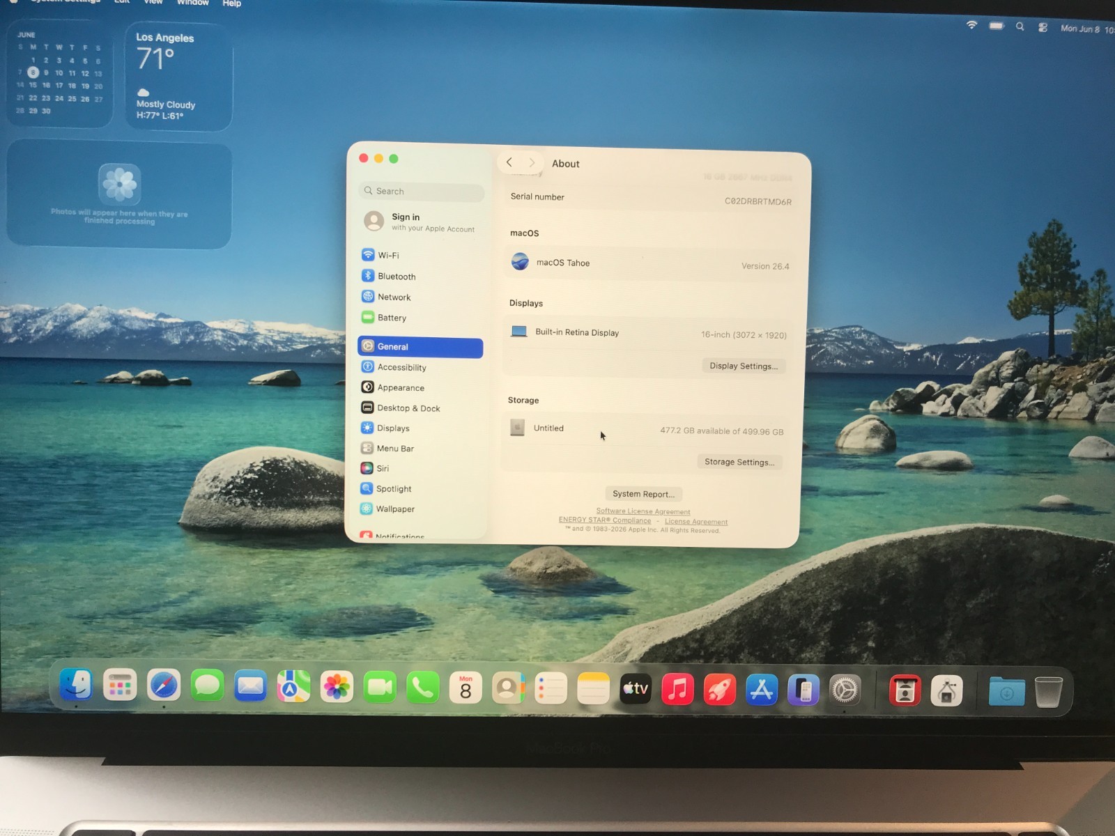 Apple MacBook Pro A2141 2019 16″ i7 2.6GHz 16GB 512GB Gray Service Battery #178