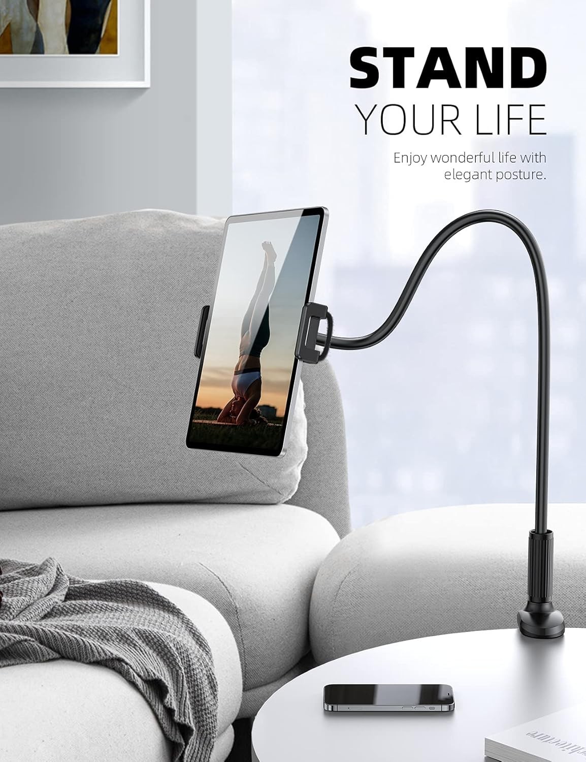 Gooseneck Tablet Mount Holder for Bed Flexible Clamp 4.7-11 Inch Device Black