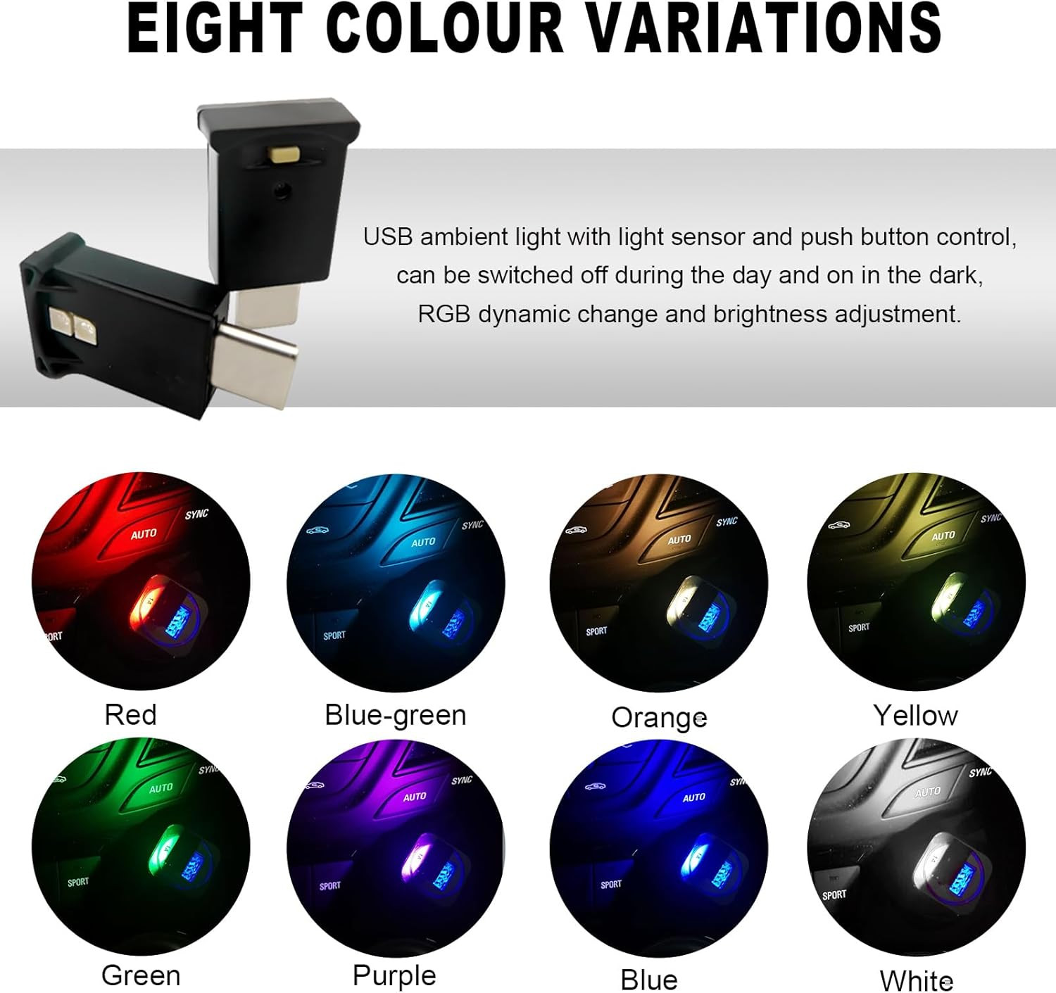(1PC) RGB Car LED Interior Ambient Light USB Type C Smart Atmosphere Lamp 8 Co