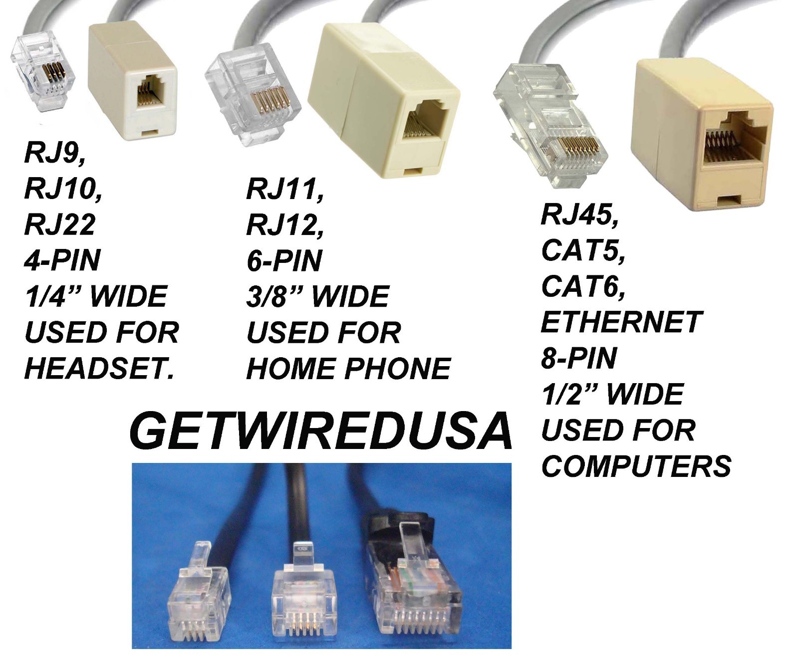FEMALE RJ9 RJ10 RJ22 4P4C 4PIN RJ45 CAT5 ETHERNET 8P8C 8PIN MALE NETWORK ADAPTER
