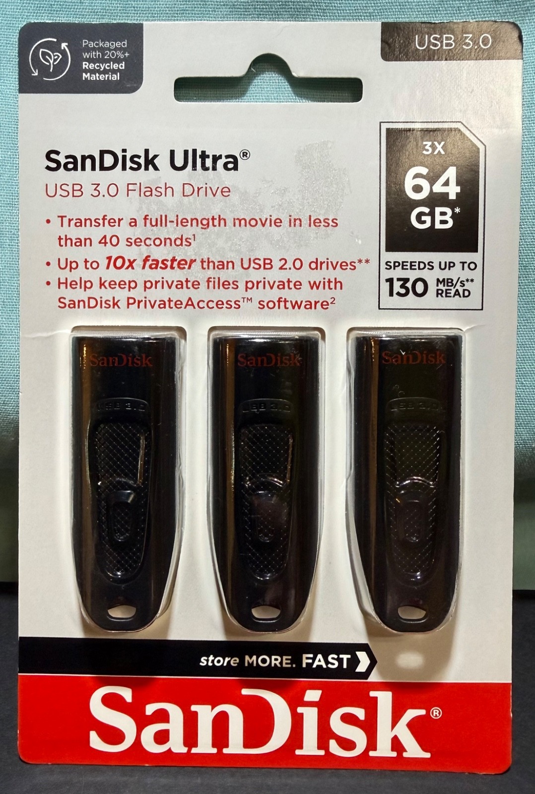 SanDisk 64GB USB Flash Drive 3.0 Pack of 3 Ultra – up to 130MB/s Read – NEW