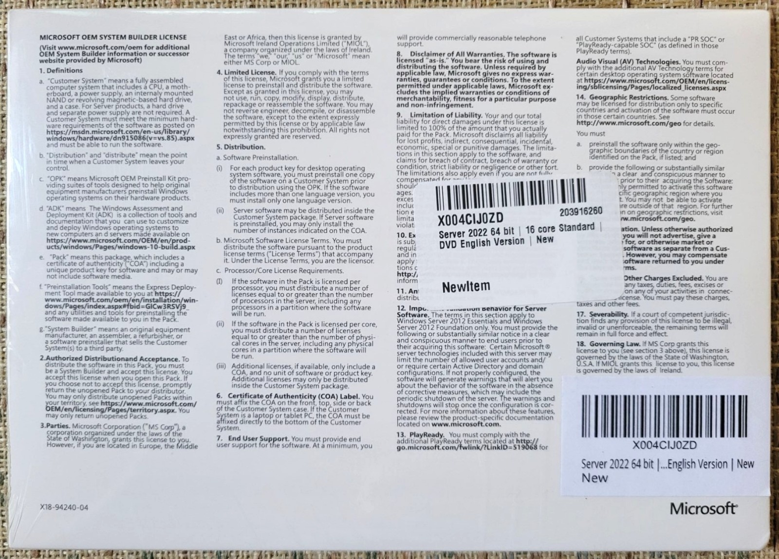 Microsoft Windows Server 2022 Standard Base License with media and key 16 Core