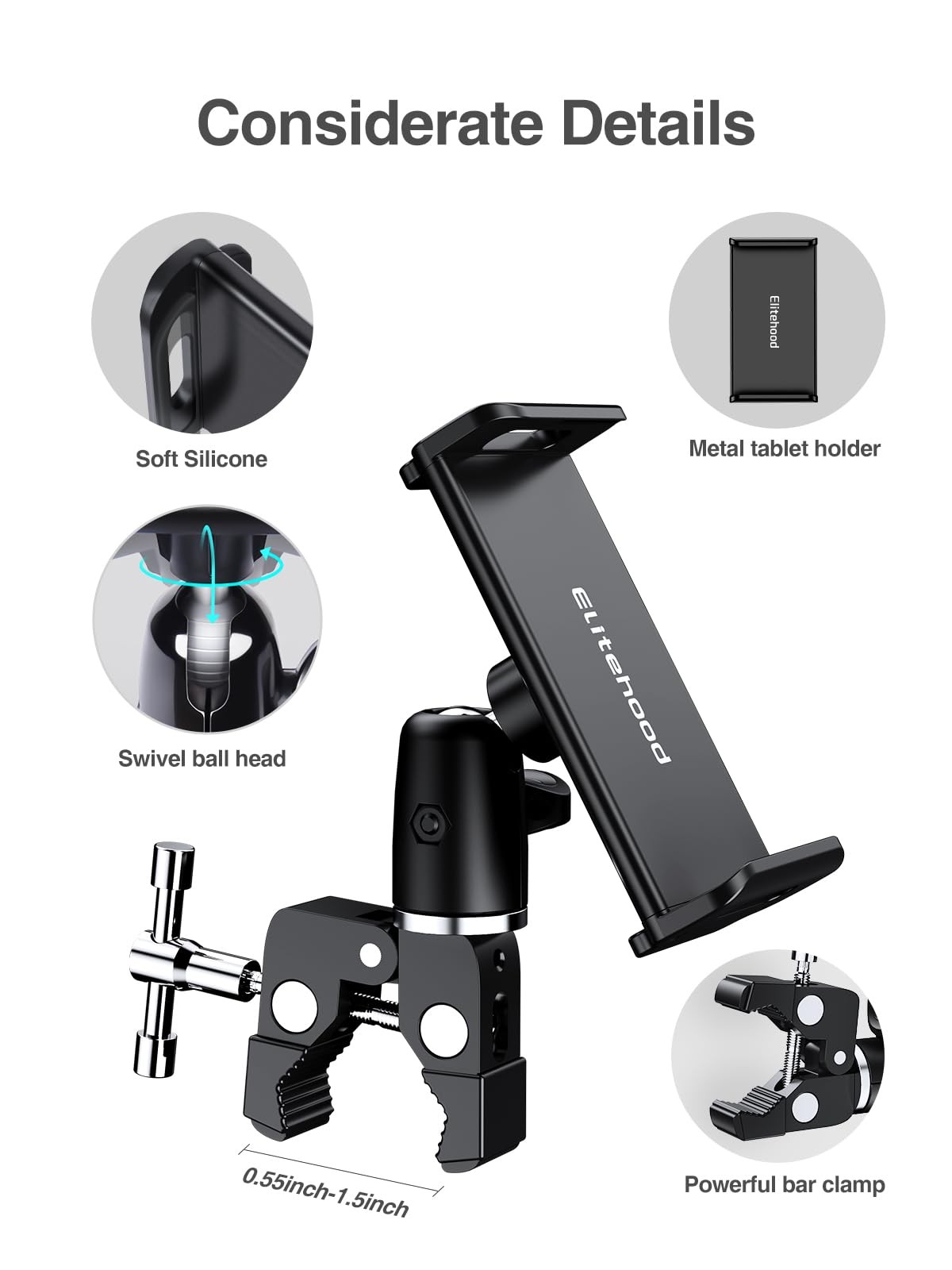 elitehood Metal iPad Holder for Mic Stand, 4.5in – Single Ball Joint, Black