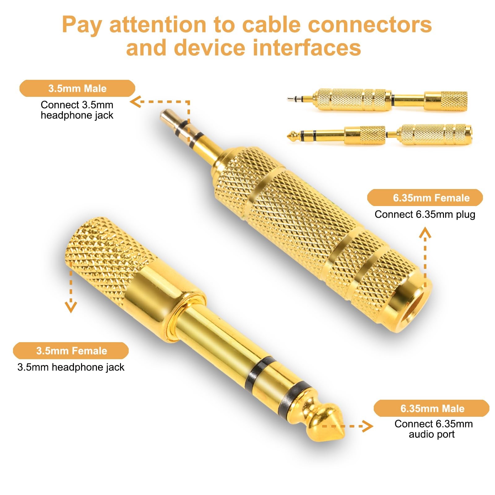 QAJOPFN 4 Pack Headphone Jack Adapter – 3.5mm (1/8 inch) Male to 6.35mm Gold