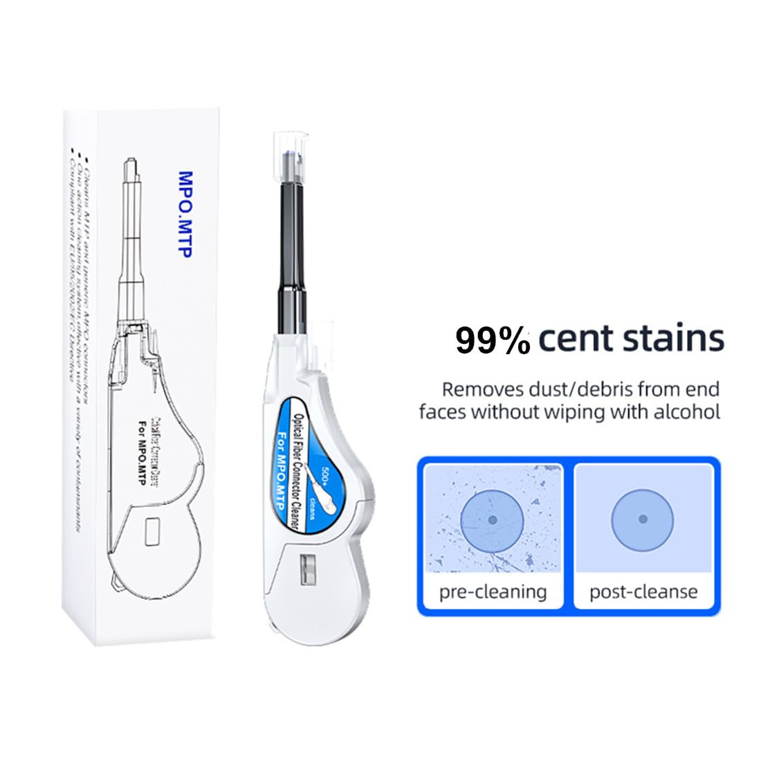 Fiber Optic Cleaner for MPO/MTP Connectors, over 500 Cleans, Fiber Endface & Op