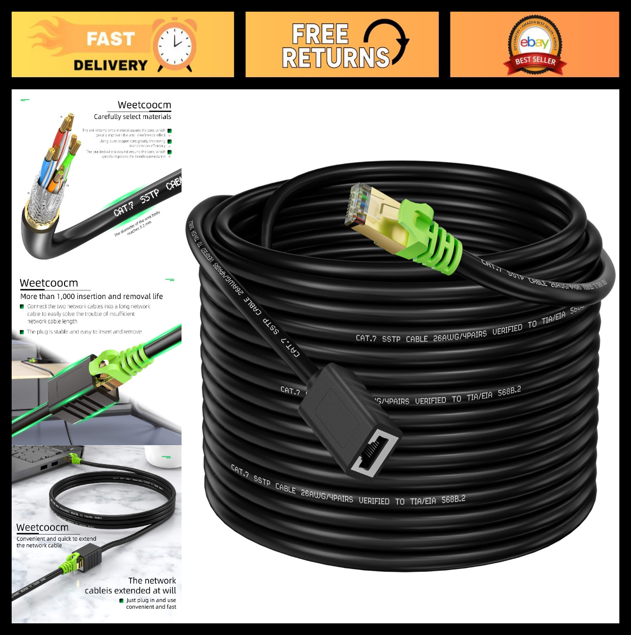 50FT Ethernet Extension Cable, Cat6a Network Patch Cord, Shielded RJ45 Male to F
