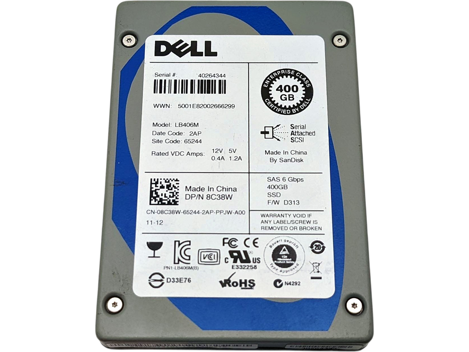Dell 08C38W 400GB SSD SAS 2.5″ 6G MU | LB406M Solid State Drive