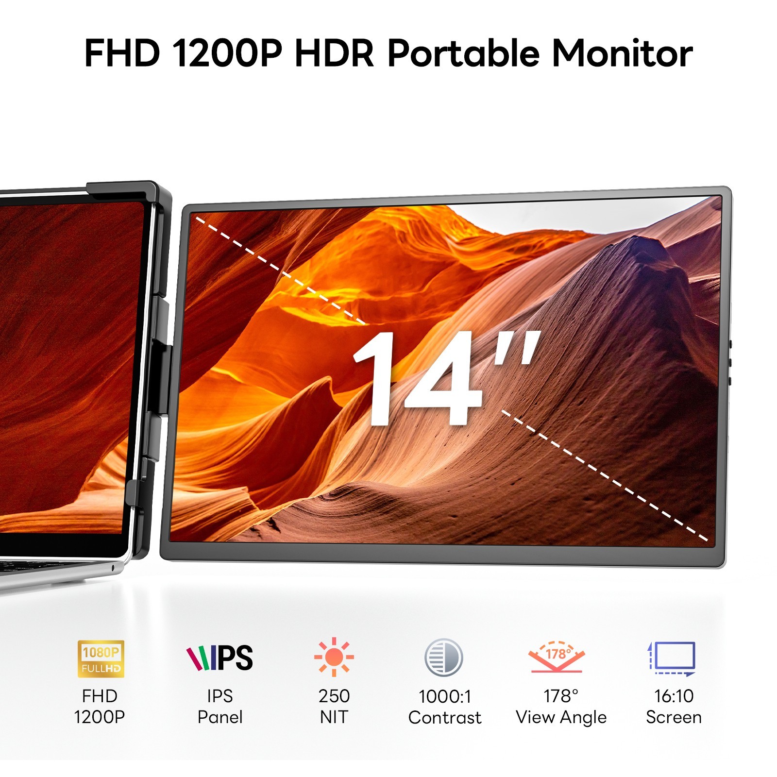 14” Laptop Screen Extender Portable Monitor 1200P USB-C HDMI FHD IPS for 14-17″