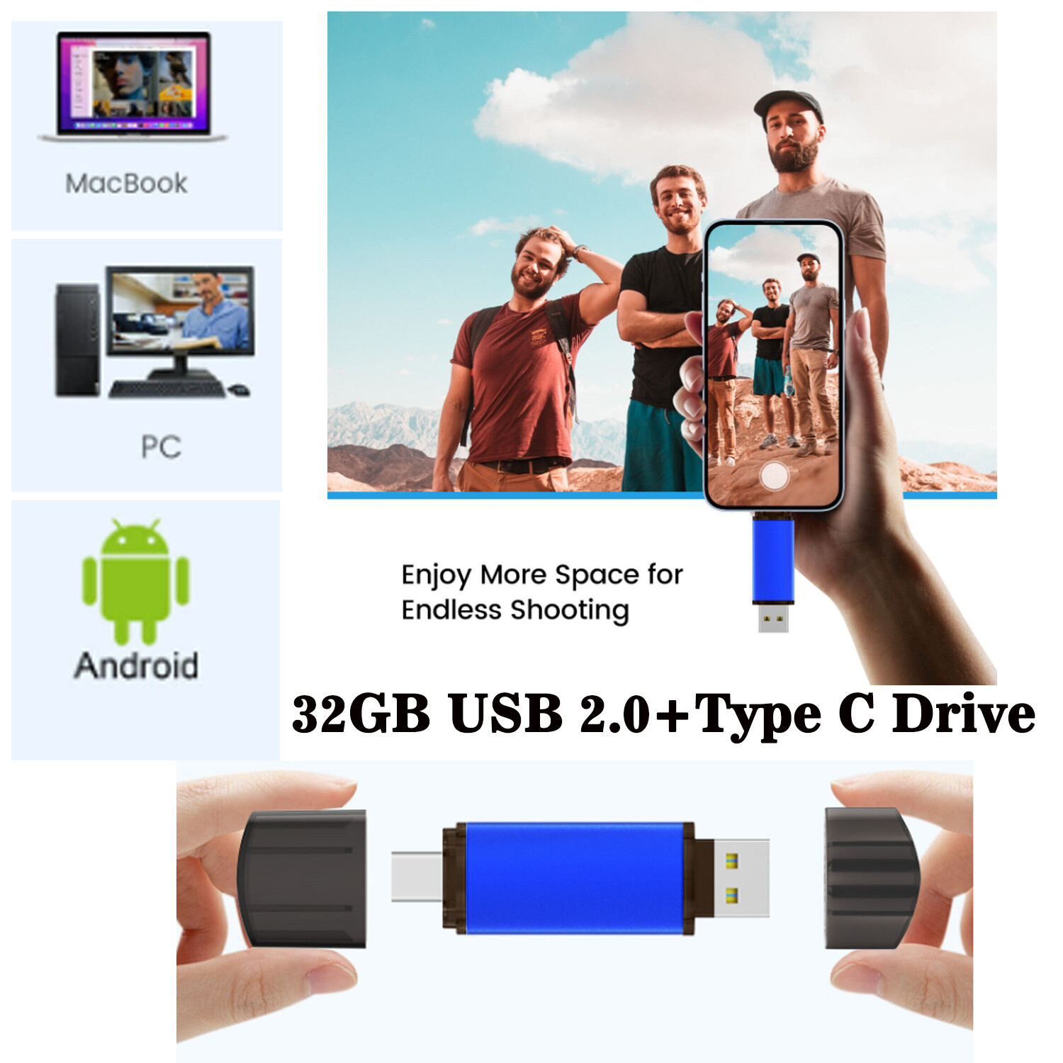 32GB USB2.0 Flash Drive Type C Dual Drive USB A OTG Thumb Pen Drive For Phone/PC
