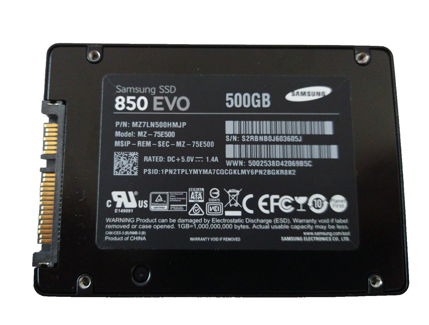 SAMSUNG 500GB SSD SATA 850 EVO MZ-75E500 S/N: S2RBNB0J603605J #NFP3078