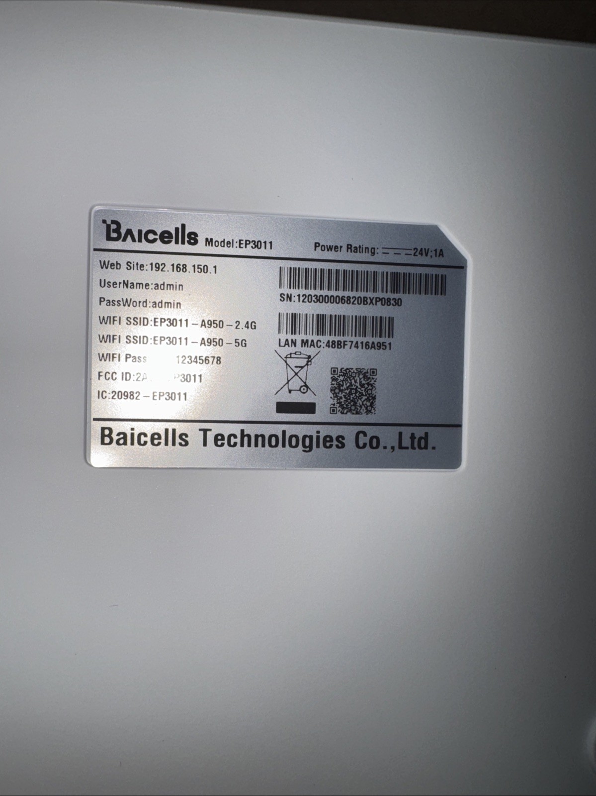 Baicells EP3011 SNAP Access Point Router Wi-Fi Dual-band 2.4GHz 5G PoE 1000Mbps