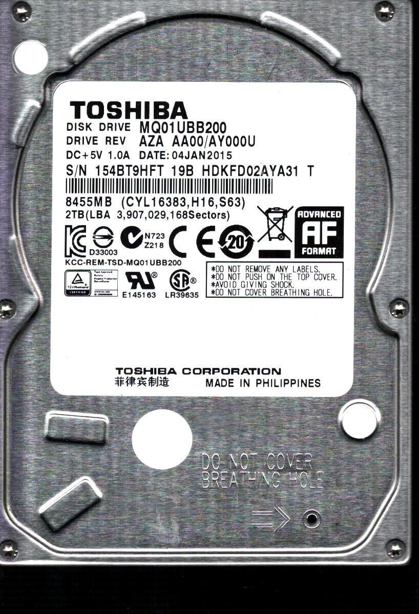 MQ01UBB200 HDKFD02AYA31 T REV: AZA AA00/AY000U 2TB JAN 2015 PHILIPPINES TOSHIBA