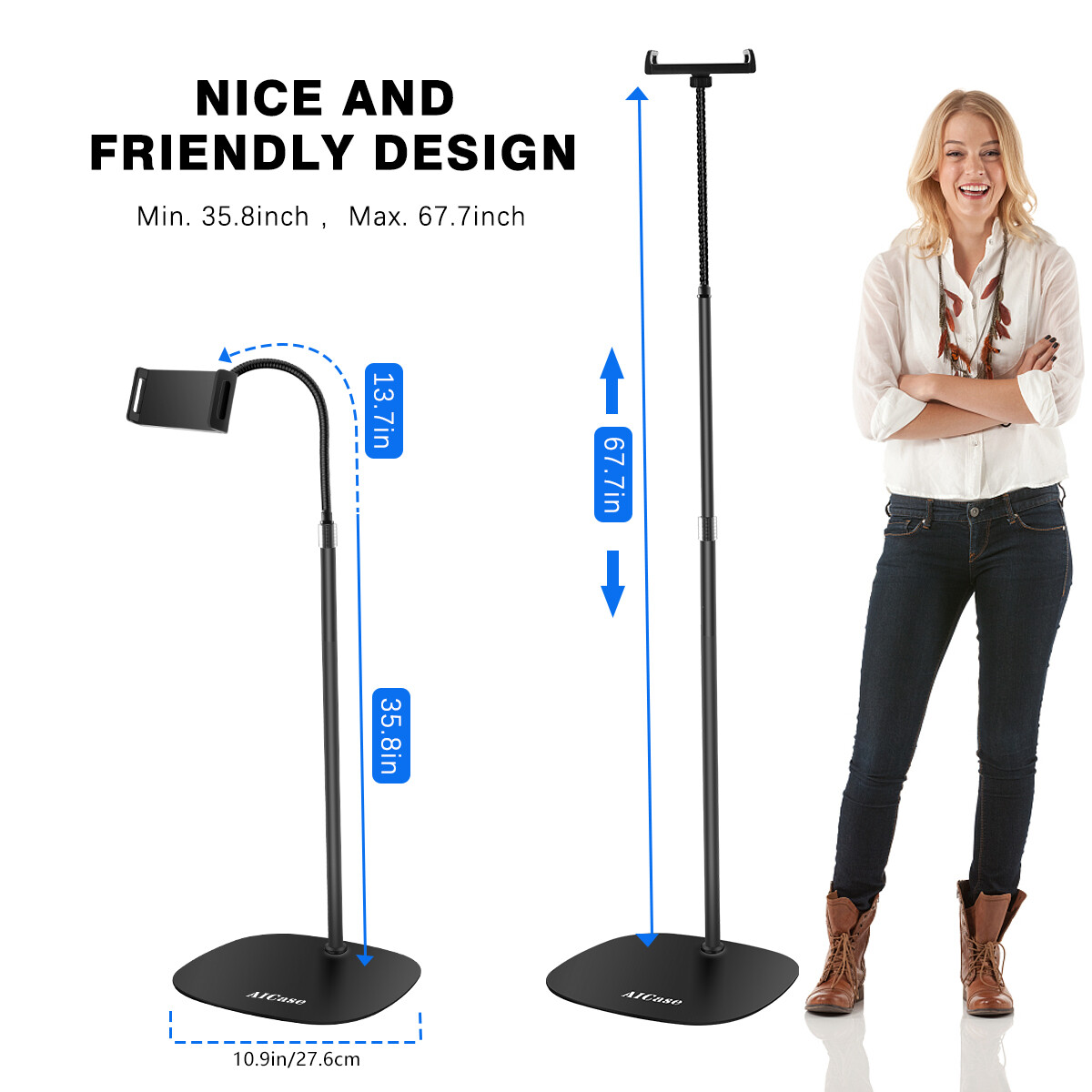 Aluminum Adjust Gooseneck Floor Stand Mount for iPad Pro Tablet CellPhone Holder