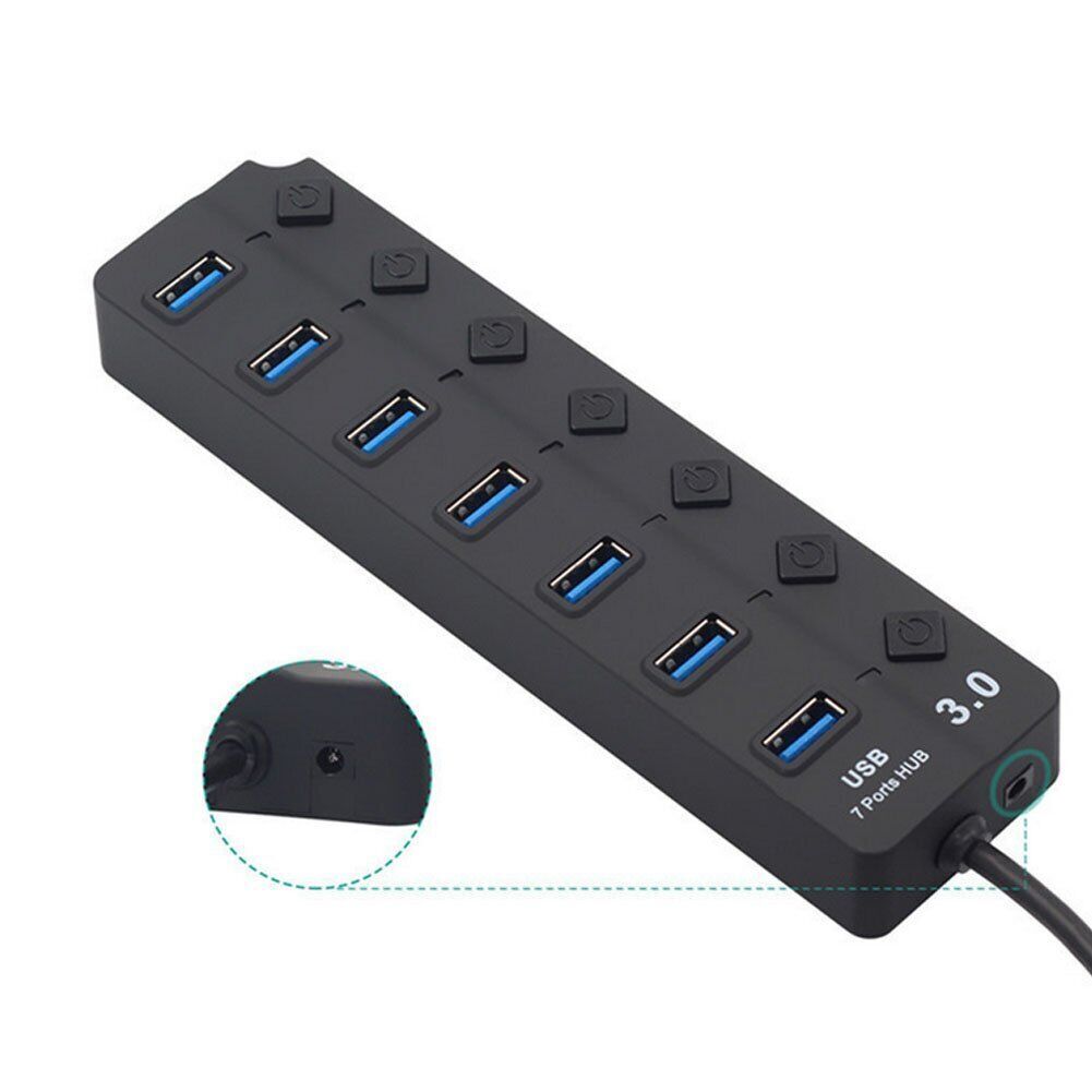 7 Port USB 3.0 Hub Splitter Adapter On/Off Switch High Speed For PC Laptop Mac