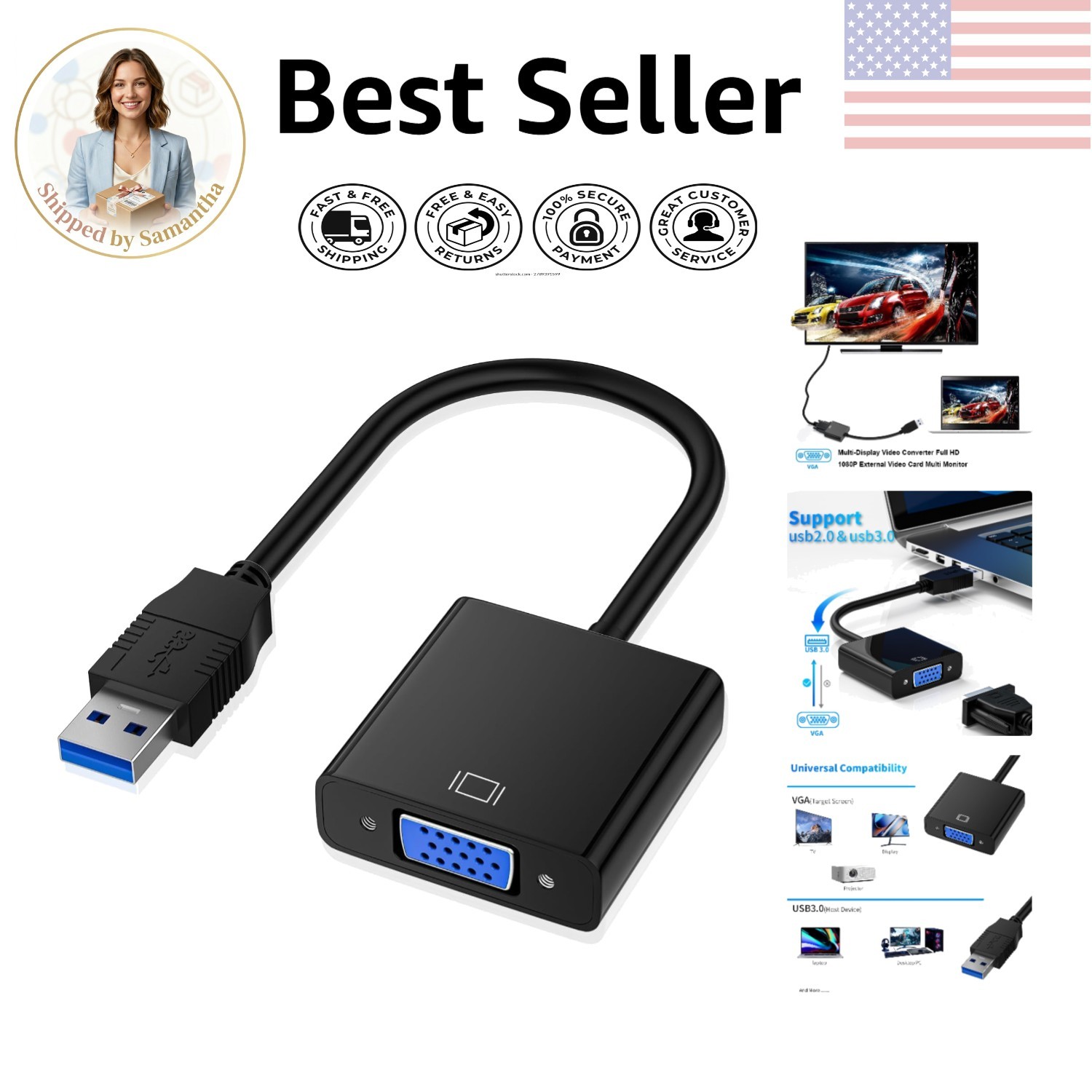 USB 3.0 to VGA Adapter – Full HD 1080P Multi-Display Converter for Windows
