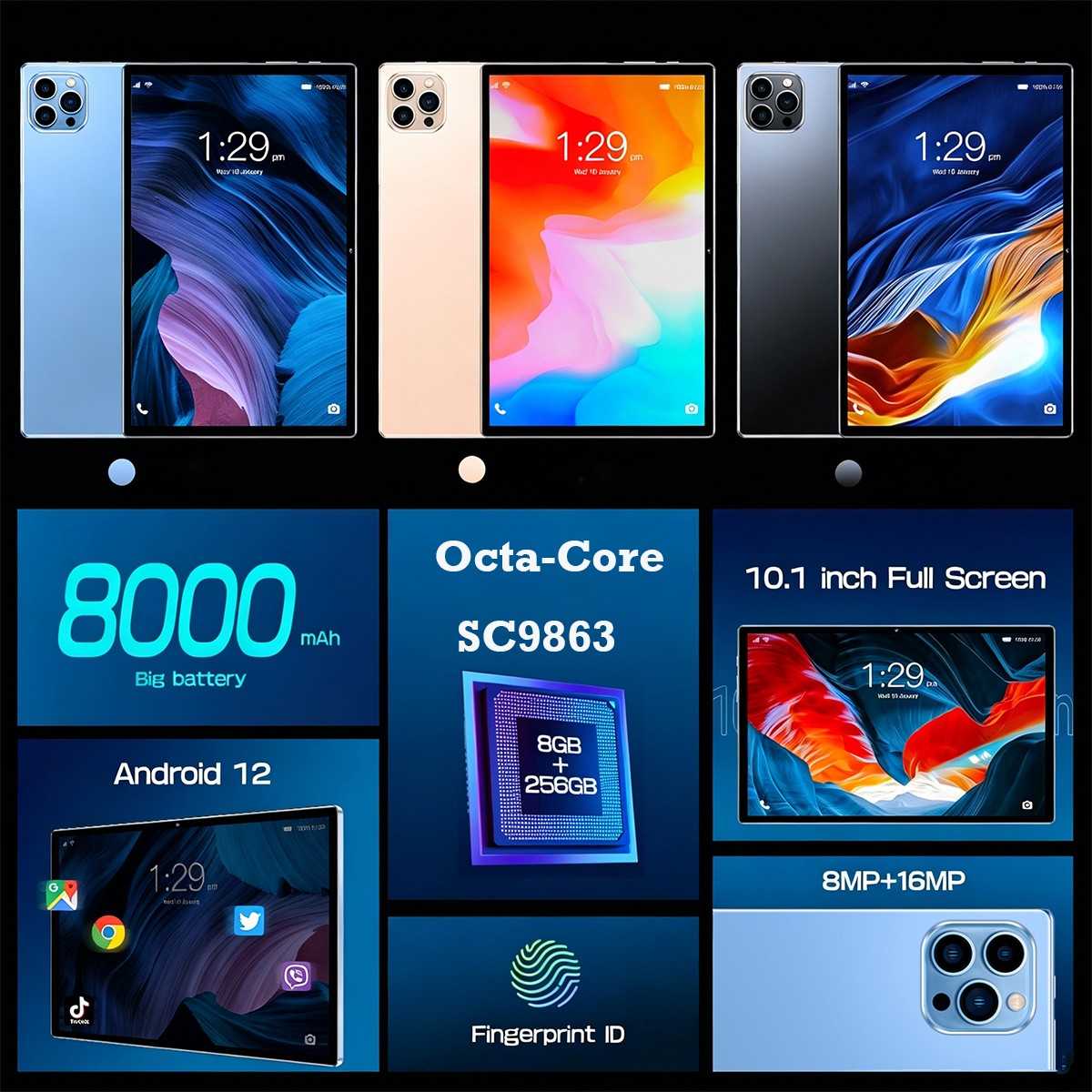 10″ Tablet Android 14 Tablets 12GB+256GB Octa-Core 5G WiFi Dual Camera Google
