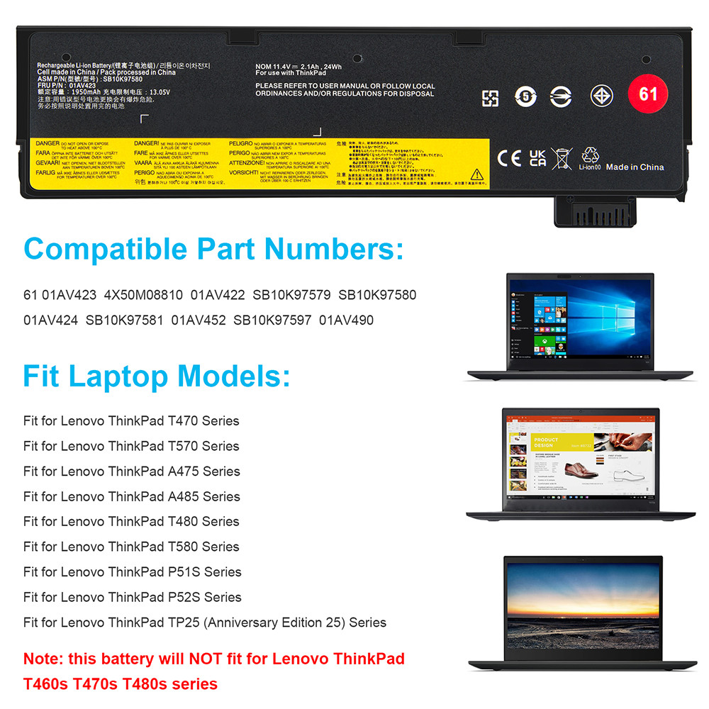 ✅For Lenovo 72Wh 61++ 01AV427 Battery ThinkPad T470 T480 T570 T580 P51s P52s