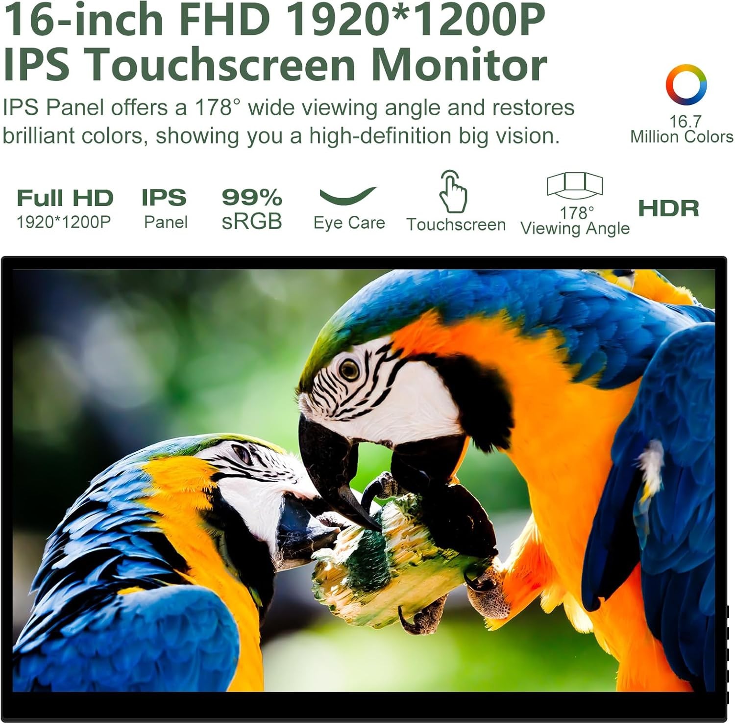 16″ Touchscreen Monitor FHD 1920x1200P Frameless PC Display HDMI/USB-C for PS5