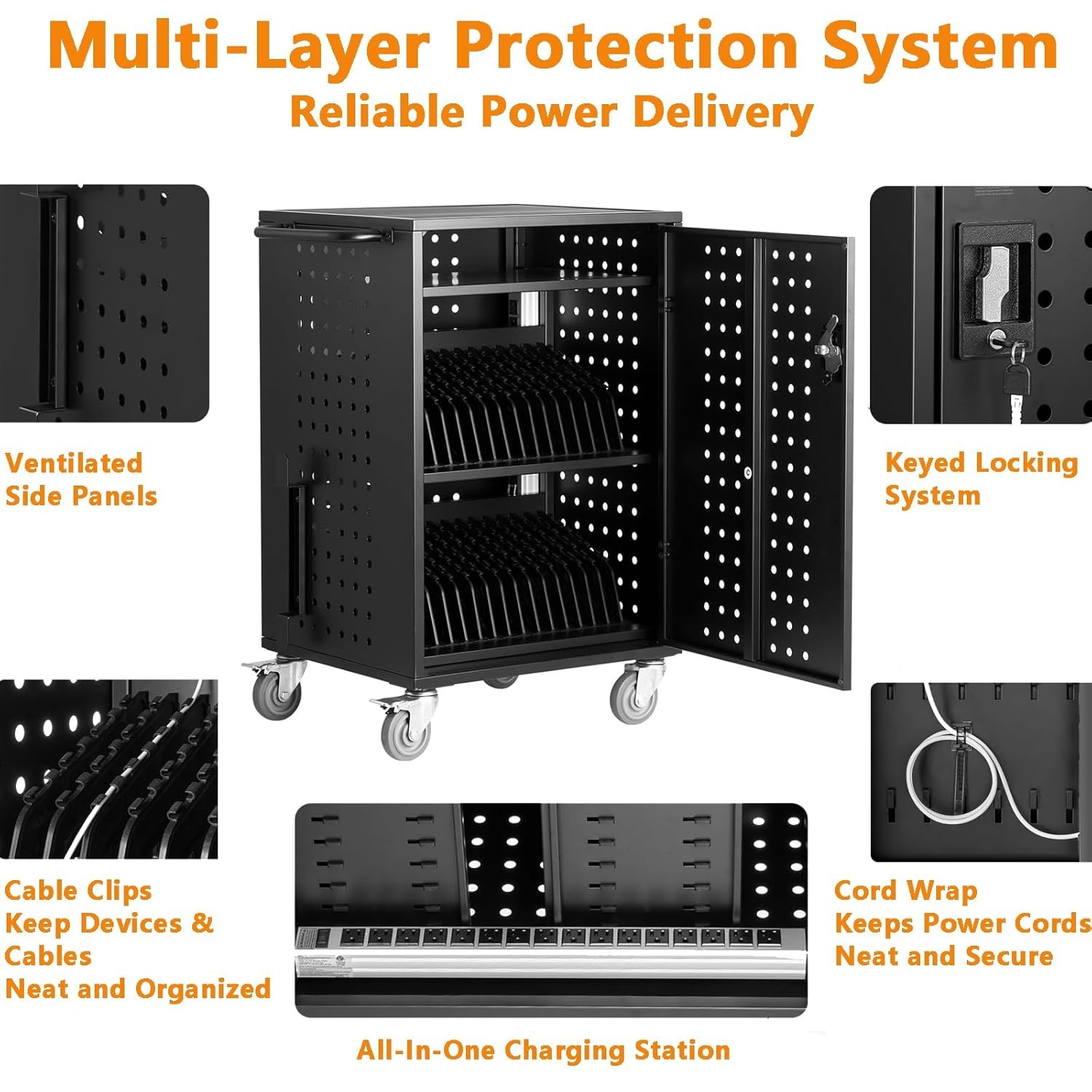 Mobile Laptop Charging Cart with Lock & Key-Cart Up To 15.6″ Device,16/20/32 Pcs