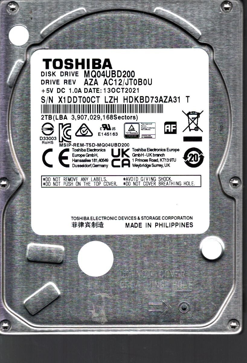 MQ04UBD200 HDKBD73AZA31 T REV: AZA AC12/JT0B0U 2TB OCT 2021 PHILIPPINES TOSHIBA