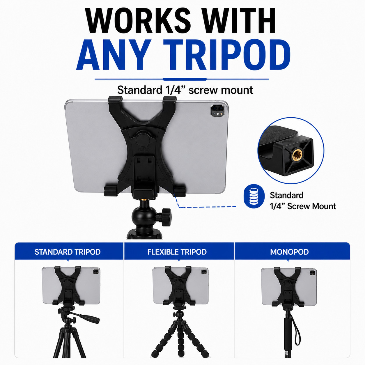 Tripod Mount Holder Bracket 1/4″ Thread Adapter For 7″-12″ Tablet iPad Universal