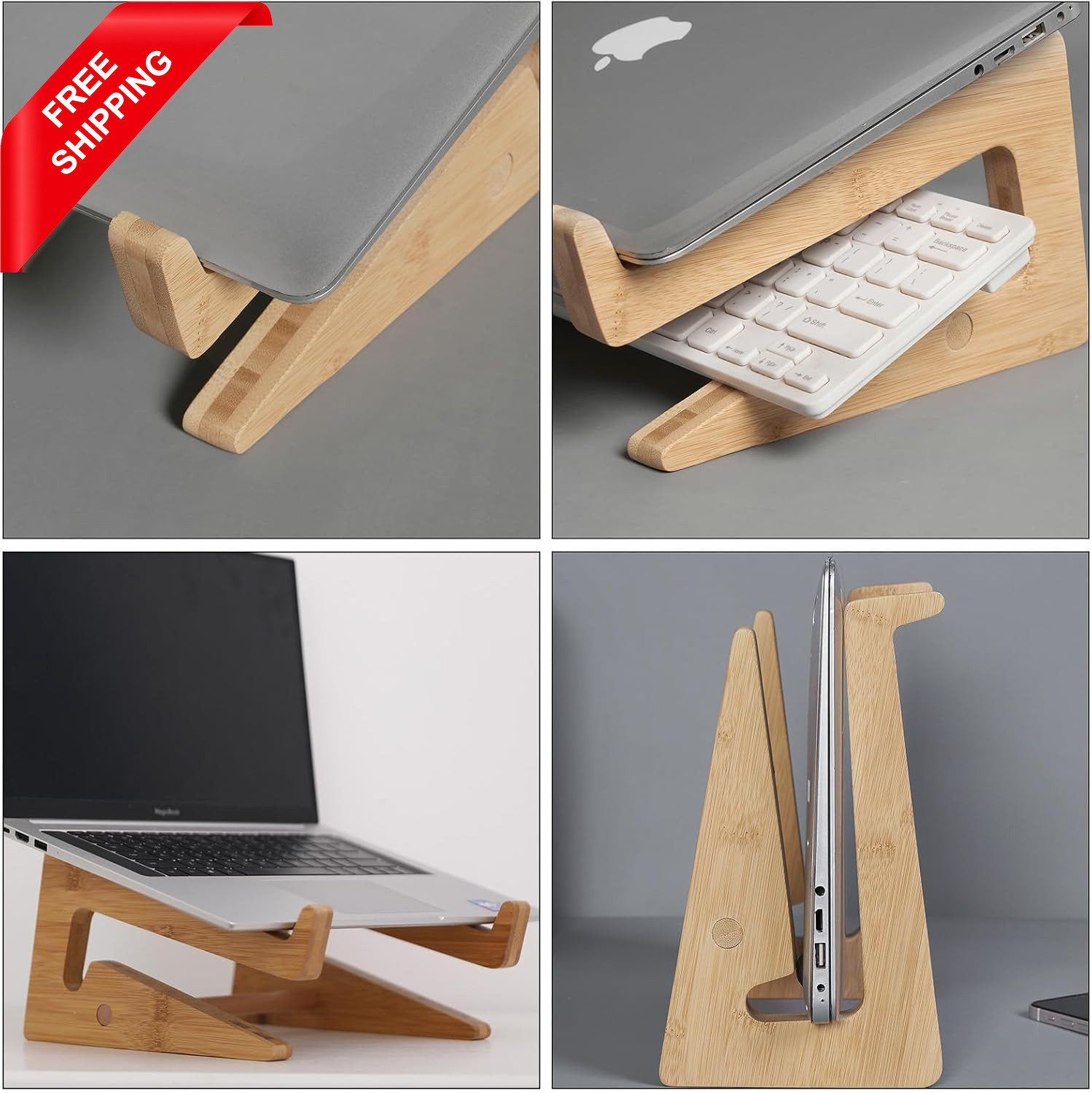 Wooden Vertical Laptop Stand for Desk, Bamboo Laptop Holder Compatible with Macb